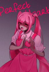  1girl :d b_hong belt breasts character_name collared_shirt commentary cowboy_shot dark-skinned_female dark_skin dress english_commentary eyes_visible_through_hair film_grain frilled_sleeves frills from_above glowing glowing_eyes grey_background hair_between_eyes hair_tie hands_up hatching_(texture) heart heart_belt heart_hands highres long_hair no_sclera omori perfectheart_(omori) pinafore_dress pink_dress pink_eyes pink_hair puffy_short_sleeves puffy_sleeves shirt short_sleeves sidelocks simple_background sleeveless sleeveless_dress small_breasts smile solo standing swept_bangs tongue twintails very_long_hair violet_eyes white_belt white_shirt 