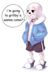  1boy 2015 2d artist_name black_shoes black_shorts blue_jacket comic_sans commentary digital_media english_commentary english_text full_body half-closed_eyes hands_in_pockets hollow_eyes hood hood_down hooded_jacket humanoid jacket male male_focus male_only monster monster_boy open_clothes open_jacket sans_(undertale) shadow shirt shoes shorts simple_background single_vertical_stripe skeleton sneakers solo speech_bubble standing striped_shorts teeth tentabat text undead undertale utdr_(toby_fox) vertical-striped_clothes vertical-striped_shorts white_background white_hood white_shirt white_stripes zipper 