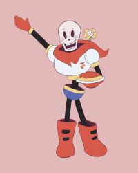 1boy 2023 2d arm_up armor blue_shorts boots cape digital_media duo flower flowey_(undertale) food full_body gloves highres holding holding_food holding_plate humanoid iamallofbea male male_focus male_only monster monster_boy papyrus_(undertale) pasta plant plate red_background red_boots red_cape red_gloves shorts simple_background skeleton spaghetti standing teeth undead undertale utdr_(toby_fox) white_armor yellow_flower 