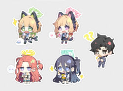  ... 1boy 4girls :d ? ?? ^^^ absurdres afterimage antenna_hair aqua_halo aris_(blue_archive) bag bag_of_chips barefoot black_hair black_hairband black_jacket black_necktie black_shoes black_shorts black_skirt black_socks black_tail blonde_hair blue_archive blue_archive_the_animation blue_eyes blue_jacket blue_necktie blush_stickers bow box braid bright_pupils brown_eyes cat_tail cellphone chibi chibi_only chinese_commentary collared_shirt commentary_request cookie crying cup disposable_cup drink drinking drooling dropped_food fake_tail food food_in_mouth forehead frilled_skirt frills game_development_department_(blue_archive) green_bow green_eyes green_halo green_jacket grey_background grey_hair grey_jacket grey_pants hair_bow hairband halo heart highres holding holding_bag holding_box holding_cup holding_drink holding_food holding_ice_cream holding_phone holding_pocky ice_cream jacket long_hair long_sleeves low-tied_sidelocks midori_(blue_archive) milk_tea momoi_(blue_archive) mouth_drool mouth_hold multicolored_jacket multiple_girls necktie notice_lines og-pogg one_side_up open_clothes open_jacket open_mouth outline pants phone pink_halo pink_shoes pleated_skirt pocket pocky power_symbol rectangular_halo red_bow red_hair school_uniform sensei_(blue_archive) sensei_(blue_archive_the_animation) shirt shoes short_hair shorts siblings sidelocks simple_background single_braid sisters skirt smartphone smile socks sparkle spoken_ellipsis spoken_heart standing streaming_tears suspender_skirt suspenders tail tail_bow tail_ornament tail_wagging tears twins v-shaped_eyebrows very_long_hair violet_eyes wavy_mouth white_bow white_jacket white_outline white_pupils white_shirt white_shoes yellow_halo yuzu_(blue_archive) 