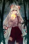  1girl absurdly_long_hair bamboo bamboo_forest blurry bow collared_shirt depth_of_field dress_shirt feet_out_of_frame fire forest fujiwara_no_mokou hair_bow highres juliet_sleeves long_hair long_sleeves nature outdoors pants puffy_sleeves red_eyes red_pants shirt solo standing suspenders touhou very_long_hair white_hair yatsuga_(kouahey_dierci) 