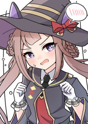  1girl absurdres animal_ears arnolddayo black_necktie black_robe blush bow braid braided_hair_rings brown_hair collared_shirt ear_bow gloves hair_rings hat hat_with_ears highres horse_ears horse_girl long_hair looking_at_viewer necktie open_mouth red_sweater_vest robe school_uniform shirt solo speech_bubble sweater_vest sweep_tosho_(platanus_witch)_(umamusume) sweep_tosho_(umamusume) twintails umamusume upper_body violet_eyes white_gloves white_shirt witch_hat 