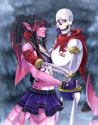 1boy 1girl 2017 2d anthro armor artist_self-insert black_hair black_sclera blue_eyes blue_shorts boots cape colored_sclera colored_skin cowboy_shot crop_top digital_media ear_fins ear_piercings earrings eyepatch female fingerless_gloves fins fish fish_girl fish_tail gloves gradient_hair hand_on_another's_arm hand_on_another's_cheek hand_on_another's_waist head_fins heart-shaped_eyepatch hetero high_ponytail humanoid interspecies jewelry long_hair looking_to_the_side male miniskirt monster monster_boy monster_girl multiple_ear_piercings necklace oc_x_canon original original_character outdoors papyrus_(undertale) pearl_earrings pearl_necklace pine_tree pink_hair pink_skin ponytail purple_eyepatch purple_gloves purple_skirt purple_tank_top rb_(sparkleee-sprinkle) red_boots red_cape red_gloves shark shark_fins shark_girl shark_tail sharp_teeth shorts skeleton skirt standing tail teeth tree two-tone_hair two-tone_skin undead undertale utdr_(toby_fox) white_armor white_skin