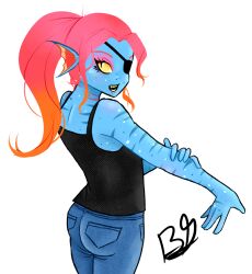  1girl 2019 2d anthro back banjigamu black_eyepatch black_tank_top blue_pants blue_skin colored_sclera colored_skin cowboy_shot digital_media ear_fins eyepatch female fins fish fish_girl head_fins high_ponytail long_hair looking_at_viewer looking_back monster_girl pants ponytail red_hair sharp_teeth signature simple_background slit_pupils solo tank_top transparent_background undertale undyne utdr_(toby_fox) yellow_sclera yellow_teeth 