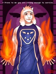  1girl 2025 2d animal_ears anthro artist_name cowboy_shot delta_rune_(symbol) delta_rune_print digital_media door dracoflare droopy_ears english_text fangs female female_only fire floppy_ears furry furry_female goat goat_ears goat_girl goat_horns highres horns long_sleeves magic mammal monster monster_girl purple_robe pyrokinesis red_eyes redrawn revision robe solo text toriel undertale utdr_(toby_fox) wall white_fur white_horns 