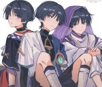  3boys absurdres expressionless frown genshin_impact grey_background highres japanese_clothes looking_at_viewer looking_back male_focus multiple_boys multiple_persona purple_hair scaramouche_(genshin_impact) scaramouche_(kabukimono)_(genshin_impact) short_hair smile u923944412 veil violet_eyes vision_(genshin_impact) wanderer_(genshin_impact) 