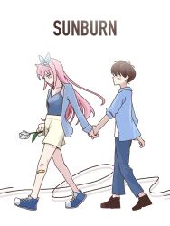  1boy 1girl alternate_costume antenna_hair aubrey_(faraway)_(omori) aubrey_(omori) bandaid bandaid_on_leg black_eyes black_hair blue_eyes blue_jacket blue_pants blue_shoes blush brown_shorts closed_mouth collarbone flower highres holding holding_flower holding_hands jacket long_hair long_sleeves looking_at_another omori open_clothes open_jacket pants pink_hair pyoppyop_omori ship_name shirt shoes short_hair shorts sidelocks sneakers sunny_(omori) tulip white_background white_flower white_shirt white_tulip 