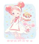  1girl anniversary blush cake closed_mouth conago confetti dodo_(ojamajo_doremi) double_bun dress fairy finger_to_mouth food fruit hair_bun hair_ornament hairband harukaze_doremi holding holding_food looking_at_viewer musical_note musical_note_hair_ornament ojamajo_doremi one_eye_closed pink_eyes puffy_short_sleeves puffy_sleeves red_scarf redhead scarf short_hair short_sleeves smile standing strawberry white_dress white_hairband 