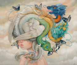  1girl bug butterfly camilla_d'errico clouds cloudy_sky dragon highres hydra lips nude original sky solo surreal thick_lips 
