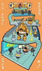  absurdres arrow_(symbol) bandana bandana_around_neck bangboo_(zenless_zone_zero) brawlerboo_(zenless_zone_zero) closed_eyes eous_(zenless_zone_zero) golden_bangboo highres horn_speaker kumao_max magnetiboo_(zenless_zone_zero) mecha no_humans orange_background orange_bandana overtimeboo_(zenless_zone_zero) robot safety_(zenless_zone_zero) screen stairs studio_lights traffic_cone translation_request tv_camera video_camera zenless_zone_zero 