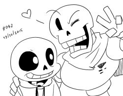  2015 2boys 2d armor brothers cape coffgirl commentary dated digital_media duo english_commentary gloves hand_on_another's_shoulder heart height_difference hollow_eyes hood hood_down hooded_jacket humanoid jacket leaning_to_the_side lineart looking_at_another male male_focus male_only monochrome monster monster_boy multiple_boys one_eye_closed open_clothes open_jacket papyrus_(undertale) sans_(undertale) shirt siblings simple_background skeleton teeth text undead undertale upper_body utdr_(toby_fox) v white_background white_shirt 