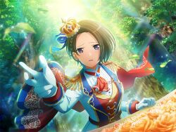  1girl ascot black_hair cape crown epaulettes flower forehead forest furrowed_brow game_cg gloves jacket long_sleeves looking_at_viewer minase_suzu mini_crown nature official_art parted_lips reaching reaching_towards_viewer red_ascot red_cape red_vest rose short_hair shoujo_kageki_revue_starlight shoujo_kageki_revue_starlight_-re_live- snow_white_(fairy_tale) solo tree upper_body vest violet_eyes waistcoat white_gloves white_jacket 