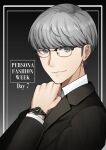  1boy black-framed_eyewear black_background black_suit clenched_hand closed_mouth collared_shirt commentary copyright_name english_commentary english_text eyebrows_hidden_by_hair formal glasses grey_eyes grey_hair hand_up highres kuki_tan lips looking_at_viewer narukami_yuu nose persona persona_4 semi-rimless_eyewear shirt short_hair simple_background smile solo suit swept_bangs upper_body watch watch white_shirt 