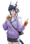  1girl absurdres arknights bag blush braid breasts bubble_tea ch&#039;en_(arknights) cup dragon_horns dragon_tail drinking drinking_straw handbag highres holding holding_cup horns jacket long_hair red_eyes sama_(sama24654684) shorts simple_background solo tail white_background 
