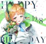  1girl :d animal_ear_headphones animal_ears blue_archive blue_necktie blunt_bangs bouquet cat_ear_headphones cat_tail coat collared_shirt commentary_request dated english_text fake_animal_ears fake_tail green_eyes hair_ribbon halo happy_birthday headphones highres hooded_coat kaiua_(platze630) light_brown_hair long_sleeves looking_at_viewer midori_(blue_archive) necktie object_hug open_clothes open_coat parted_bangs ribbon school_uniform shirt short_hair sidelocks smile solo tail tress_ribbon white_coat 