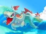  air_bubble bubble claws clouds commentary_request day feraligatr highres open_mouth outdoors partially_underwater_shot plankton_(ganoona) pokemon red_eyes sharp_teeth sky teeth tongue totodile watermark 