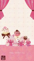  bow brown_bow candy chocolate closed_mouth colored_skin evolutionary_line fangs food highres holding holding_candy holding_food holding_lollipop lollipop meme_(sleepsheep) open_mouth pink_bow pink_skin pokemon pokemon_(creature) pokemon_focus skin_fangs smile tinkatink tinkaton tinkatuff white_bow 