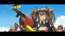  1girl :3 absurdres angelina_(arknights) animal_ear_fluff animal_ears arknights arknights:_endfield belt black_gloves blue_sky bracelet breasts brown_hair buckle camera clouds coat commentary_request day digital_camera dress elbow_gloves fox_ears fox_girl gilberta_(arknights) gloves grey_dress hand_up haro_(har_illust) headpiece high_belt high_collar highres holding holding_camera infection_monitor_(arknights) jewelry large_breasts leaf letterboxed long_hair long_sidelocks long_sleeves no_nose one_eye_closed open_clothes open_coat outdoors red_coat red_eyes selfie sidelocks sky snap-fit_buckle solo twintails upper_body very_long_hair w wide_sleeves 