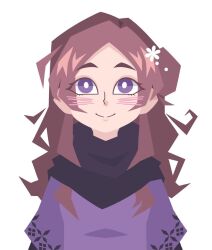  1girl black_scarf blush bright_pupils brown_hair commentary english_commentary eyelashes flower hair_flower hair_ornament kurashiki_akane kyokugen_dasshutsu kyokugen_dasshutsu:_9_jikan_9_nin_9_no_tobira long_hair no_lineart pyonderella scarf simple_background smile solo straight-on violet_eyes white_background white_flower white_pupils 