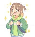  +_+ 1girl :d backpack bag brown_hair colored_inner_hair commentary eyes_visible_through_hair fang green_eyes green_hoodie green_jacket gustavo_schuler hair_intakes highres holding_strap hood hood_down hoodie jacket light_blush long_sleeves looking_away multicolored_hair oka_asahi onii-chan_wa_oshimai! open_mouth orange_hair short_hair simple_background smile solo sparkle two-tone_hair two_side_up upper_body white_background 