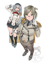  2girls absurdres adjusting_eyewear beret black_hat black_pantyhose black_skirt black_socks blue_eyes breasts brown_hair closed_mouth epaulettes folded_ponytail frilled_sleeves frills from_above full_body glasses gloves green_eyes grey_hair grey_skirt hands_on_own_hips hat highres holding jacket kantai_collection kashima_(kancolle) katori_(kancolle) large_breasts military military_jacket military_uniform miniskirt multiple_girls neckerchief necktie ojipon pantyhose pencil_skirt pleated_skirt ponytail red_neckerchief riding_crop rudder_footwear salute simple_background skirt socks twintails watermark wavy_hair white_background white_gloves 