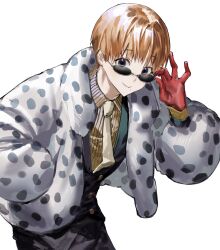  1boy absurdres black_eyes black_vest brown_hair chamuring commentary_request gloves highres kemono_jihen korean_commentary long_sleeves looking_at_viewer looking_over_eyewear male_focus mole mole_under_mouth necktie nowaki_homuramaru puffy_short_sleeves puffy_sleeves red_gloves short_sleeves simple_background smile solo sunglasses vest white_background white_necktie 