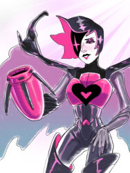 1boy 2025 2d alternate_form androgynous android arm_cannon black_hair boots buttercupcd cowboy_shot digital_media gloves half-closed_eye highres humanoid humanoid_robot making-of_available male male_focus male_only mettaton mettaton_ex pink_eyes robot robot_boy short_hair simple_background solo spiky_hair undertale utdr_(toby_fox) white_background white_gloves wings