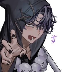  1boy black_cloak black_hair black_nails chamuring claw_pose cloak commentary_request cookie_run eyelashes fang highres hood hood_up hooded_cloak jewelry korean_commentary licorice_cookie looking_at_viewer male_focus necklace open_mouth simple_background skin_fang skull_necklace solo white_background yellow_eyes 