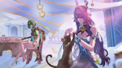  2girls absurdres ancient_egyptian_clothes antlers armlet ashru_(genshin_impact) bare_shoulders black_gloves blue_dress blue_eyes bracelet cat chair claw_ring commentary crescent crossed_legs dress ear_covers elbow_gloves eyes_visible_through_hair genshin_impact gloves green_eyes green_hair green_shirt hair_intakes hair_over_one_eye hairband hanging_lantern headgear high_heels highres hiratechen horns jar jewelry lauma_(genshin_impact) long_hair looking_at_another multiple_girls nefer_(genshin_impact) pointy_ears purple_hair ruins shirt short_hair sitting skirt smile table vision_(genshin_impact) white_skirt 