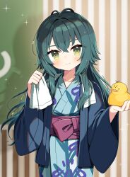  1girl blue_kimono blush closed_mouth commentary_request gakuen_idolmaster green_eyes green_hair haori highres holding holding_rubber_duck holding_towel idolmaster japanese_clothes kimono long_hair long_sleeves looking_at_viewer noi_mine obi red_sash rubber_duck sash smile solo sparkle towel tsukimura_temari upper_body vertical-striped_background wide_sleeves 