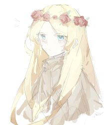  black_souls black_souls_2 blonde_hair blue_eyes brown_capelet capelet closed_mouth colored_eyelashes edith_liddell_(black_souls) flower flying_sweatdrops head_wreath highres light_blush long_hair looking_at_viewer mu_blood red_flower red_rose rose white_background 