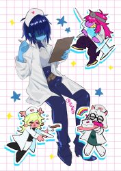  1boy 1other 2girls 5x5fo blue_hair blue_pants blue_shirt blue_shoes blue_skin chibi chibi_inset clipboard closed_mouth coat colored_skin commentary deltarune full_body grid_background hat highres holding holding_clipboard holding_pen kris_(dark_world)_(deltarune) kris_(deltarune) kris_(takecare)_(deltarune) lab_coat multiple_girls noelle_holiday noelle_holiday_(dark_world) noelle_holiday_(takecare) nurse nurse_cap open_clothes open_coat oversized_object pants pen ralsei ralsei_(takecare) shaded_face shirt shoes short_hair solo_focus star_(symbol) susie_(dark_world)_(deltarune) susie_(deltarune) susie_(takecare)_(deltarune) symbol-only_commentary syringe twitter_username utdr_(toby_fox) white_background white_coat white_hat 