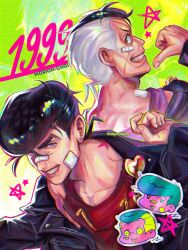  2boys alternate_costume aqua_hair artist_name bandage_on_face bandages bandaid bandaid_on_cheek bandaid_on_face bandaid_on_nose birthmark black_hair black_jacket blue_eyes brooch chibi chibi_inset commentary diamond_wa_kudakenai earrings facial_mark fingernails green_hair grin heart heart_brooch higashikata_josuke highres jacket jewelry joestar_birthmark jojo_no_kimyou_na_bouken leather leather_jacket male_focus multicolored_hair multiple_boys nijimura_okuyasu peace_symbol pointing pointing_at_self pompadour purple_tank_top red_tank_top sayurkailen shirt smile star_(symbol) stud_earrings tank_top teeth twitter_username two-tone_hair upper_body white_hair zipper zipper_pull_tab 