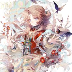  1girl absurdres ahoge bead_necklace beads bird blue_eyes blue_shawl braid branch brown_eyeshadow brown_hair circle closed_mouth dated earrings eyelashes eyeshadow facial_mark fingernails flower forehead_mark hair_bun hair_ornament hair_stick highres holding holding_branch jewelry long_hair long_sleeves looking_at_viewer makeup mandarin_collar necklace original parted_bangs red_flower ring shawl smile solo square swallow_(bird) tassel too_many_watermarks upper_body watermark xingchunxiang 