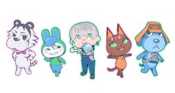  1girl 4boys animal_crossing backpack bag black_eyes blue_eyes blush_stickers bodysuit bow bowtie cat_girl charming_man chibi chibi_only ddwiyong diamond_(gemstone) dog_boy dragona_joestar earrings full_body furrification furry green_eyes green_outline grin hair_ornament hands_on_own_hips hat head_wreath highres holding jewelry jodio_joestar jojo_no_kimyou_na_bouken leotard looking_to_the_side multiple_boys open_mouth orange_hair outline outstretched_arms paco_laburantes rabbit_boy short_sleeves shorts smile star_(symbol) star_hair_ornament the_jojolands tiger_boy traditional_bowtie usagi_aloha'oe villager_(animal_crossing) white_hair 