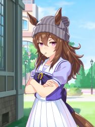  1girl absurdres animal_ears artist_request back_bow beanie blue_bow blue_bowtie blue_shirt blue_sky bow bowtie brooch brown_hair closed_mouth clouds collarbone cowboy_shot crossed_arms day dot_nose ear_ornament ears_through_headwear expressionless eyelashes flat_chest game_cg grey_hat hair_between_eyes hat high-waist_skirt highres horse_ears horse_girl horse_tail horseshoe_ornament jewelry lamppost light_frown lollipop_in_mouth long_hair looking_at_viewer loose_hair_strand nakayama_festa_(umamusume) official_art outdoors path pleated_skirt puffy_short_sleeves puffy_sleeves school school_uniform shade shirt short_sleeves single_bare_arm skirt sky solo tail tracen_school_uniform tree tsurime two-tone_shirt umamusume violet_eyes wavy_hair white_shirt white_skirt 