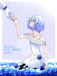  1boy 1girl akashi_(pixiv_user_1342337) blue_flower blue_hair blue_rose caesar_(higyaku_no_noel) dress flower higyaku_no_noel holding_hands jewelry jillian_littner necklace off-shoulder_dress off_shoulder rose short_hair suit violet_eyes white_suit 