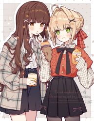  2girls :3 ahoge artist_name belt black_belt black_skirt blonde_hair blush border bow braid brown_bow brown_eyes brown_hair brown_nails brown_pantyhose buttons checkered_background closed_mouth coffee collared_shirt commentary_request cowboy_shot cup eating fate/extra fate_(series) fingernails flower flower_button food green_eyes grey_background grey_jacket hair_between_eyes hair_bow hair_bun hair_flower hair_ornament hands_up highres holding holding_cup holding_food jacket karokuchitose kishinami_hakuno_(female) long_hair long_sleeves looking_at_viewer multiple_girls nail_polish neck_ribbon nero_claudius_(fate) nero_claudius_(fate/extra) open_clothes open_jacket orange_flower outside_border pantyhose plaid_bow plaid_clothes plaid_jacket plaid_shirt pleated_skirt puffy_long_sleeves puffy_sleeves red_bow red_nails red_sweater_vest ribbon roasted_sweet_potato shirt short_hair sidelocks signature skirt smile standing steam sweater_vest sweet_potato watermark wavy_hair white_border white_ribbon white_shirt x_hair_ornament 