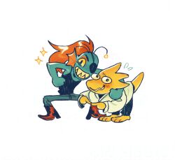 2025 2d 2girls alphys anthro barefoot black_eyepatch black_tank_top blue_pants blue_skin boots buck_teeth coat colored_sclera colored_skin deformed digital_media dinosaur dinosaur_girl duo ear_fins eyepatch female female_only fins fish fish_girl flying_weatdrops glasses head_fins height_difference high_ponytail lab_coat legs_apart lizard lizard_girl lizard_tail long_hair looking_at_viewer monster monster_girl multiple_girls pants ponytail red_boots red_hair reptile reptile_girl reptile_tail scalie sharp_teeth simple_background slit_pupils sparkle squatting tank_top teeth undertale undyne utdr_(toby_fox) white_background white_coat xulia_vicente_(takoxuls) yellow_sclera yellow_skin yellow_teeth