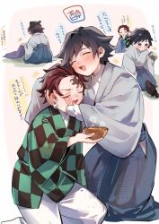  2boys alternate_costume bird blue_hakama blush brown_hair collared_shirt crow earrings from_behind grey_kimono hakama hanafuda_earrings holding japanese_clothes jewelry kamado_tanjirou kanzaburou_(kimetsu_no_yaiba) kimetsu_no_yaiba kimono male_focus multiple_boys multiple_views open_mouth pants shirt short_hair sitting smile tobidayooon tomioka_giyuu translation_request white_background white_pants white_shirt 