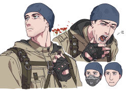  1boy beanie black_gloves bolt_(hardware) brown_jacket chinese_commentary closed_mouth commentary_request fingerless_gloves flower fukurau gloves grey_hat hat holding jacket male_focus mask open_mouth red_flower respirator simple_background stalker_(game) stalker_2:_heart_of_chornobyl upper_body white_background yawning 