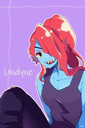  1girl 2022 2d anthro artist_name black_eyepatch black_tank_top blue_pants blue_skin character_name colored_sclera colored_skin digital_media ear_fins eyepatch female female_only fins fish fish_girl hair_over_one_eye head_fins high_ponytail highres knee_up long_hair looking_at_viewer monster monster_girl oppyanen outline pants ponytail purple_background red_eyes red_hair sharp_teeth simple_background slit_pupils solo tank_top teeth text undertale undyne upper_body utdr_(toby_fox) white_outline yellow_sclera yellow_teeth 