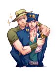  2608337875 2boys absurdres alternate_color beard blonde_hair blue_hair chain facial_hair gakuran gloves hat highres hug hug_from_behind jojo_no_kimyou_na_bouken joseph_joestar joseph_joestar_(old) multiple_boys old old_man school_uniform single_glove sparkle stardust_crusaders 