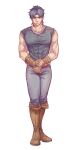  1boy 2608337875 absurdres black_hair blue_eyes blue_hair boots fingerless_gloves full_body gloves highres jojo_no_kimyou_na_bouken jonathan_joestar male_focus muscular muscular_male phantom_blood shirt solo sweatdrop tight tight_shirt 