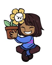 1boy 1other 2024 2d alternate_skin_color ambiguous_gender blue_shirt blue_shorts blue_socks bluebertea brown_hair brown_pantyhose brown_shoes chibi chibi_only clip_studio_paint_(medium) commentary dark-skinned_other dark_skin digital_media duo english_commentary flower flower_pot flowey_(undertale) frisk_(undertale) full_body grin highres holding holding_flower_pot horizontal-striped_clothes human indian_style male pantyhose pantyhose_under_shorts pink_stripes plant potted_plant shirt shoes short_hair shorts simple_background sitting smile socks striped_clothes striped_shirt teeth two-tone_shirt undertale utdr_(toby_fox) white_background yellow_flower 