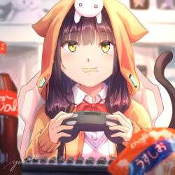  1girl animal_hood asakura_karen_(heaven_burns_red) bag_of_chips black_hair blurry blurry_background blush bottle bow bowtie cat_tail chair chips_(food) closed_mouth cola collared_shirt computer_keyboard controller depth_of_field eating food food_in_mouth game_controller gaming_chair heaven_burns_red highres holding holding_controller holding_game_controller hood hood_up hooded_jacket hoodie indoors jacket long_hair long_sleeves looking_at_viewer mouth_hold on_head open_clothes open_jacket orange_jacket playing_games playstation_controller potato_chips red_bow red_bowtie shirt sitting sleeves_past_wrists smile soda soda_bottle solo swivel_chair tail twintails upper_body white_shirt yellow_eyes yellow_jacket yumeclo 