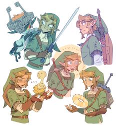  1boy 1girl absurdres black_skin colored_sclera colored_skin green_tunic helmet helmet_over_one_eye highres hylian_shield imp link master_sword midna mimiadraws multicolored_skin neon_trim shield shortstack the_legend_of_zelda the_legend_of_zelda:_twilight_princess tunic two-tone_skin yellow_sclera 