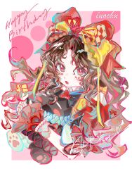  1girl absurdres argyle_bow artist_name bead_bracelet beads black_hair border bow bowtie bracelet brown_eyes chinese_commentary commentary_request creature crimson_rhapsody_(infinity_nikki) cropped_torso dress esseling_(infinity_nikki) eyelashes facepaint felispirit_sack_(infinity_nikki) frilled_sleeves frilled_wrist_cuffs frills hair_between_eyes hair_bow hair_ribbon happy_birthday highres hime_lolita holding holding_creature infinity_nikki jewelry large_bow lolita_fashion long_hair luochu_(aniya32098) multiple_hair_bows nikki_(series) outside_border pawpads pink_background puffy_short_sleeves puffy_sleeves red_bow red_dress red_ribbon red_wrist_cuffs ribbon short_sleeves two-tone_bow two-tone_ribbon variant_set very_long_hair wavy_hair white_border wrist_cuffs yellow_bow yellow_bowtie yellow_ribbon 