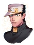  1boy 2608337875 absurdres black_hair diamond_wa_kudakenai earrings green_eyes hand_ornament hat highres jewelry jojo_no_kimyou_na_bouken kujo_jotaro male_focus portrait solo turtleneck 