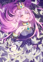  1girl absurdres armlet bare_shoulders beads black_background black_dress black_sleeves brown_eyes bug butterfly chinese_commentary choker commentary_request cowboy_shot crescent_print crown detached_sleeves dress eyelashes floating_hair gold_armlet gold_choker gold_crown gold_necklace hair_beads hair_ornament happy highres jewelry lace-trimmed_choker lace_trim light_blush light_particles lips long_dress long_hair long_sidelocks long_sleeves looking_at_viewer loose_hair_strand necklace nikki_(nikki) nikki_(series) open_mouth parted_bangs pink_hair pleated_dress pointy_nose print_dress sidelocks smile solo standing star_(symbol) star_print starry_sky_print strapless strapless_dress striped_clothes striped_dress vertical-striped_clothes vertical-striped_dress very_long_hair yexuanxin 